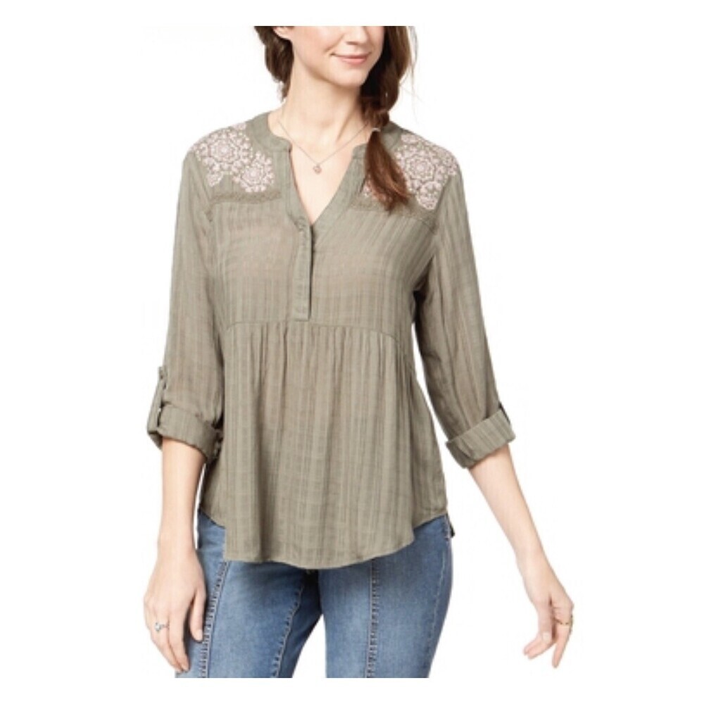 Style & Co Women's Embroidered Roll Tab Sleeve Shirt Top Green Size S $90